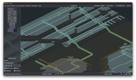 Underground view with water pipes, subways, and tunnels